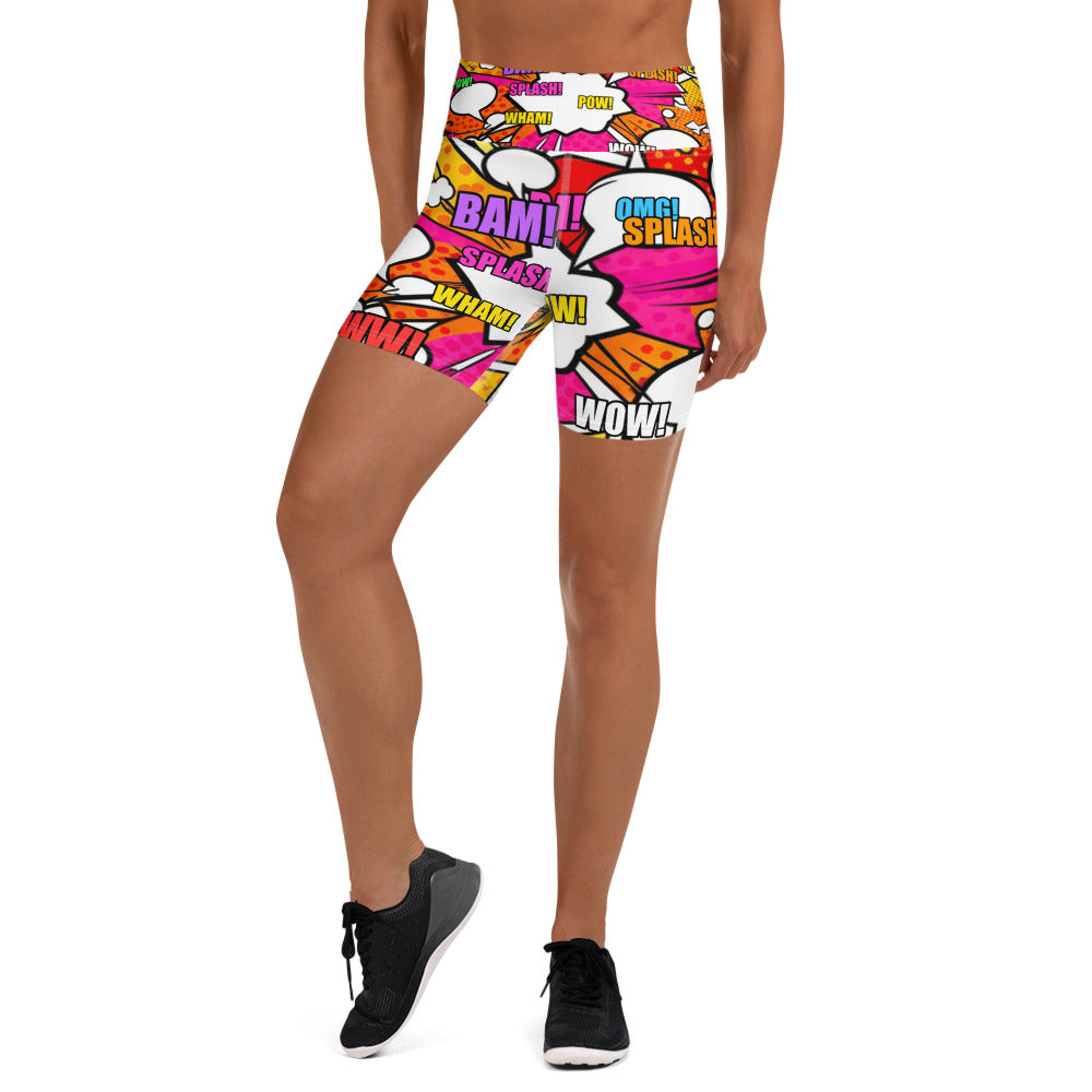Women's comic pop sunset orange yoga shorts front view