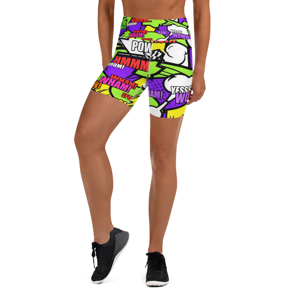 Women's comic pop toxic green yoga shorts front view