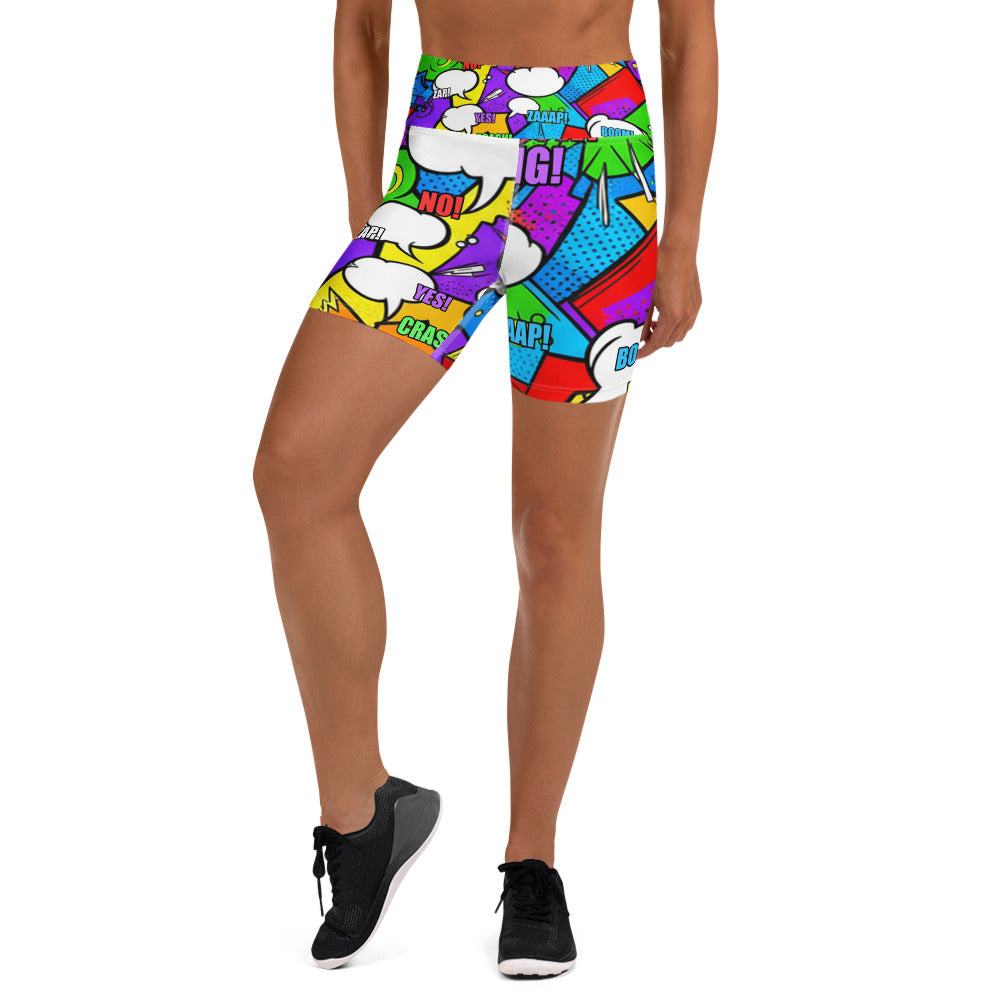 Women's comic strip printed yoga shorts front view