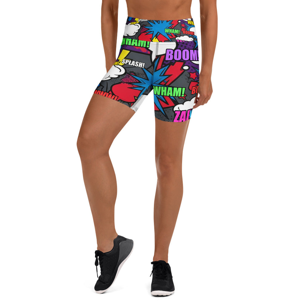 Comic Strip Dark Knight Yoga Shorts featuring a bold comic book-inspired print, available at GearBunch.