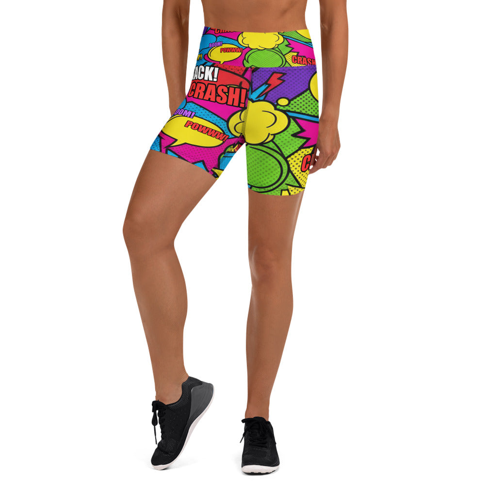 Women's comic strip retro sunday printed yoga shorts front view