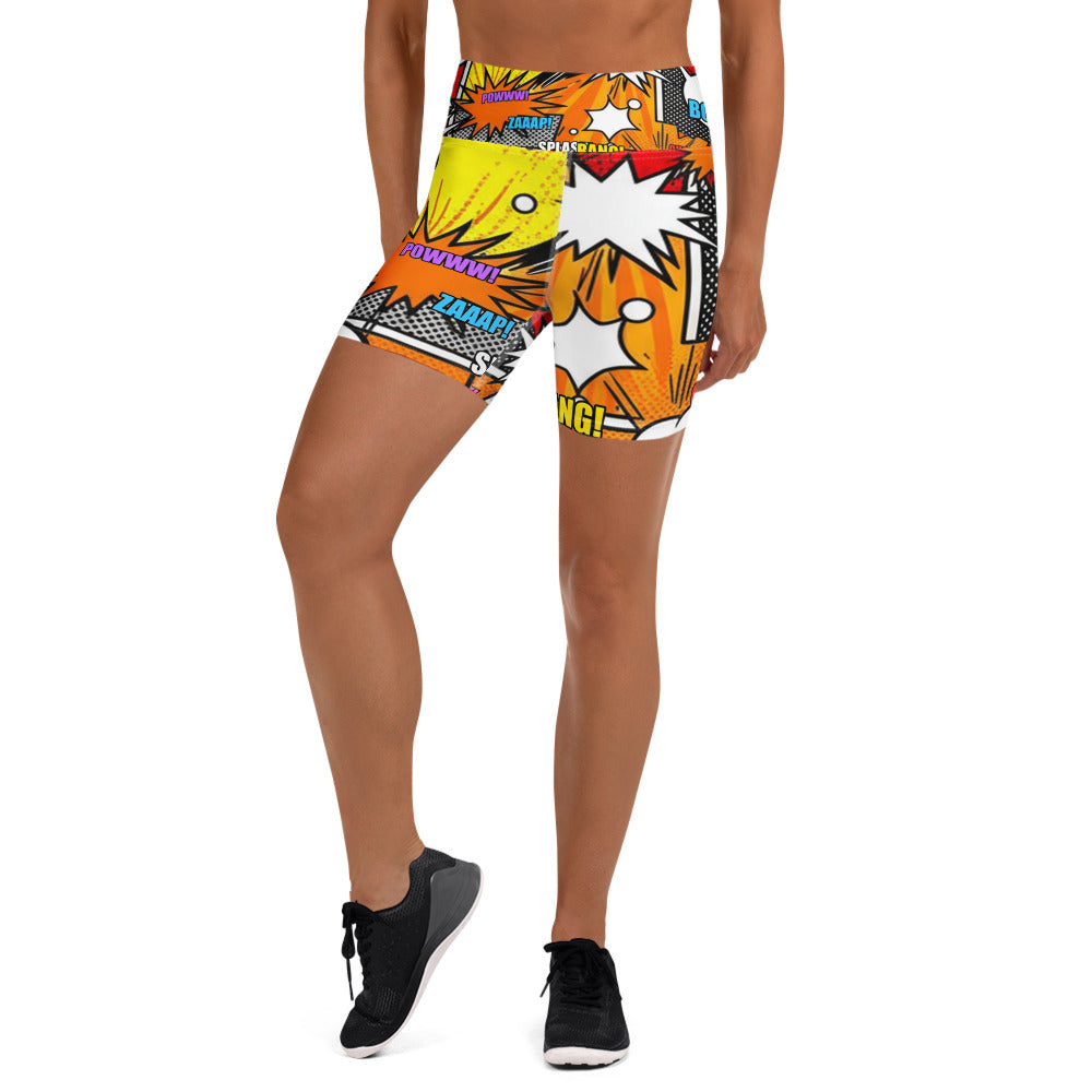 Women's comic strip boom town yoga shorts front view