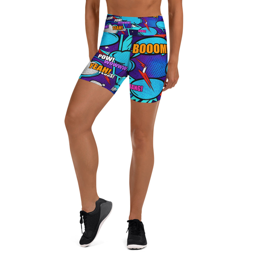 Women's comic strip space battle printed yoga shorts front view