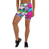 Women's comic strip pop candy yoga shorts front view