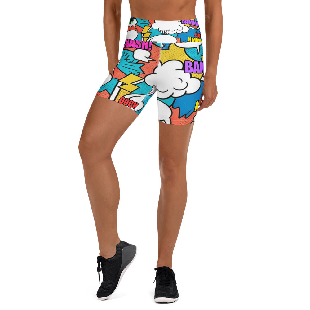 Women's comic strip surf kapow printed yoga shorts front view