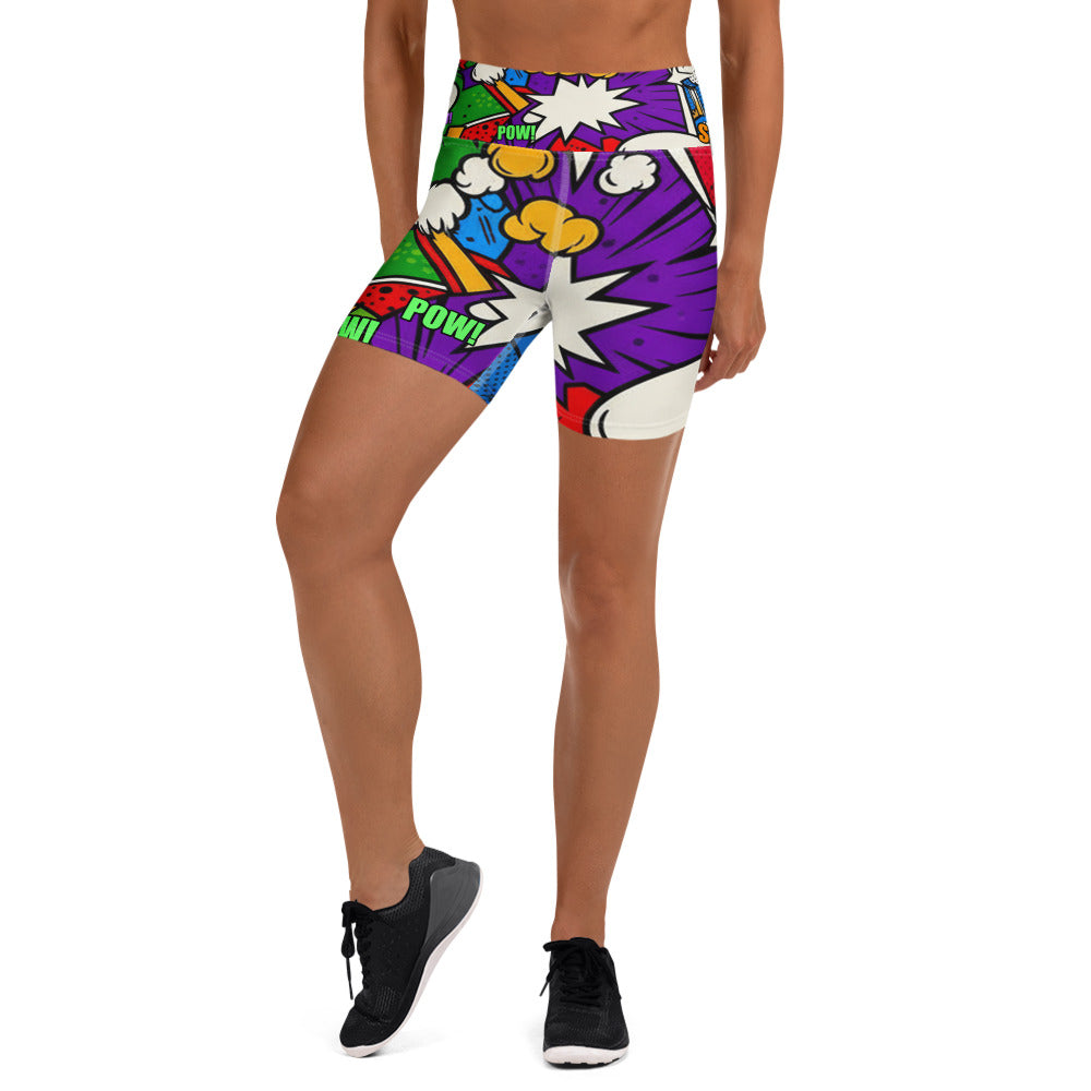 Women's comic strip monster mash yoga shorts front view