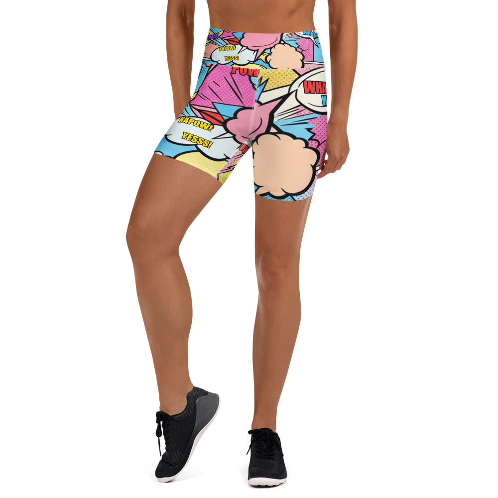 Women's comic strip kawaii yoga shorts front view