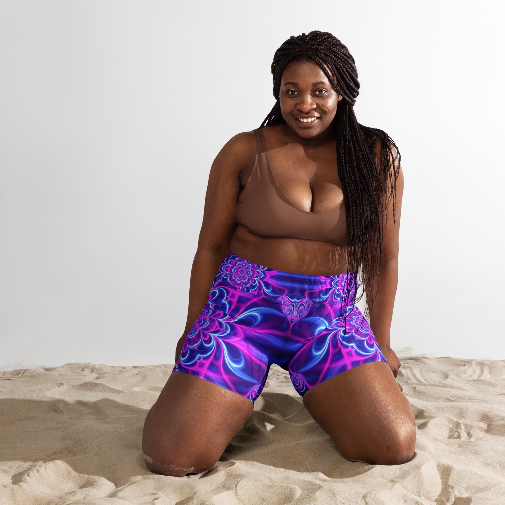 Psychedelic Ultraviolet Bloom Yoga Shorts | GearBunch