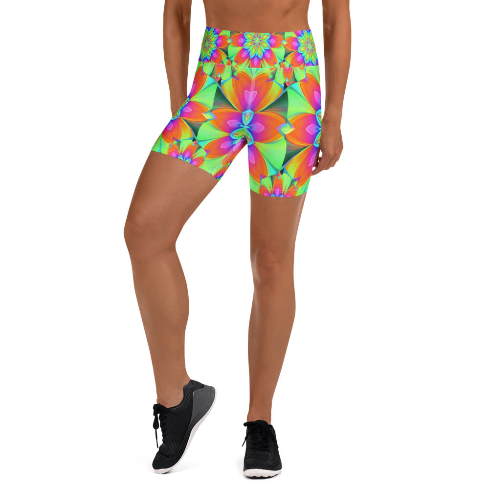 Women's psychedelic acid trip yoga shorts front view