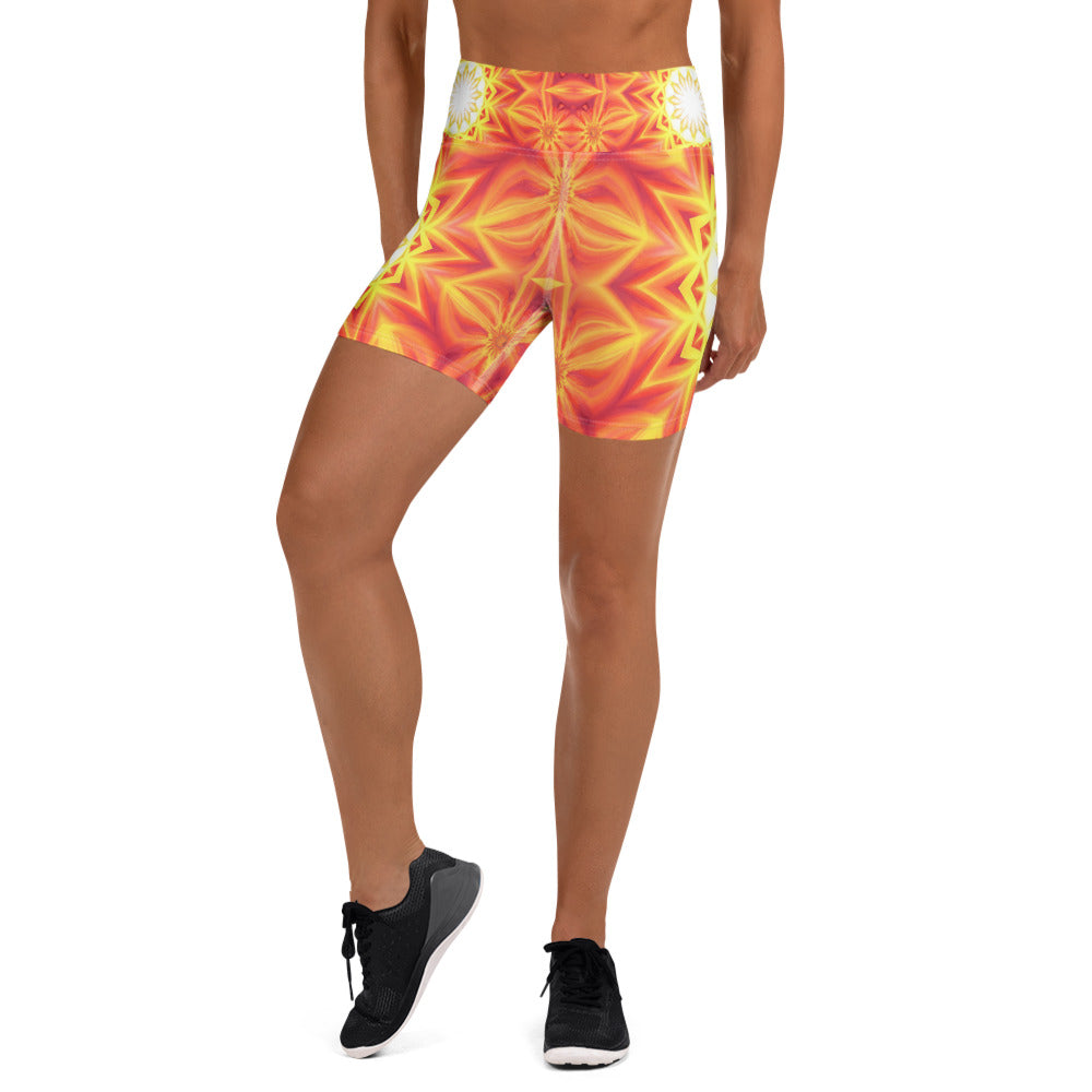 Women's psychedelic solar flare printed yoga shorts front view