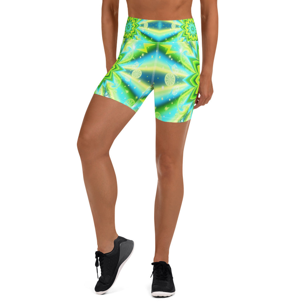 Women's psychedelic lemon zap printed yoga shorts front view