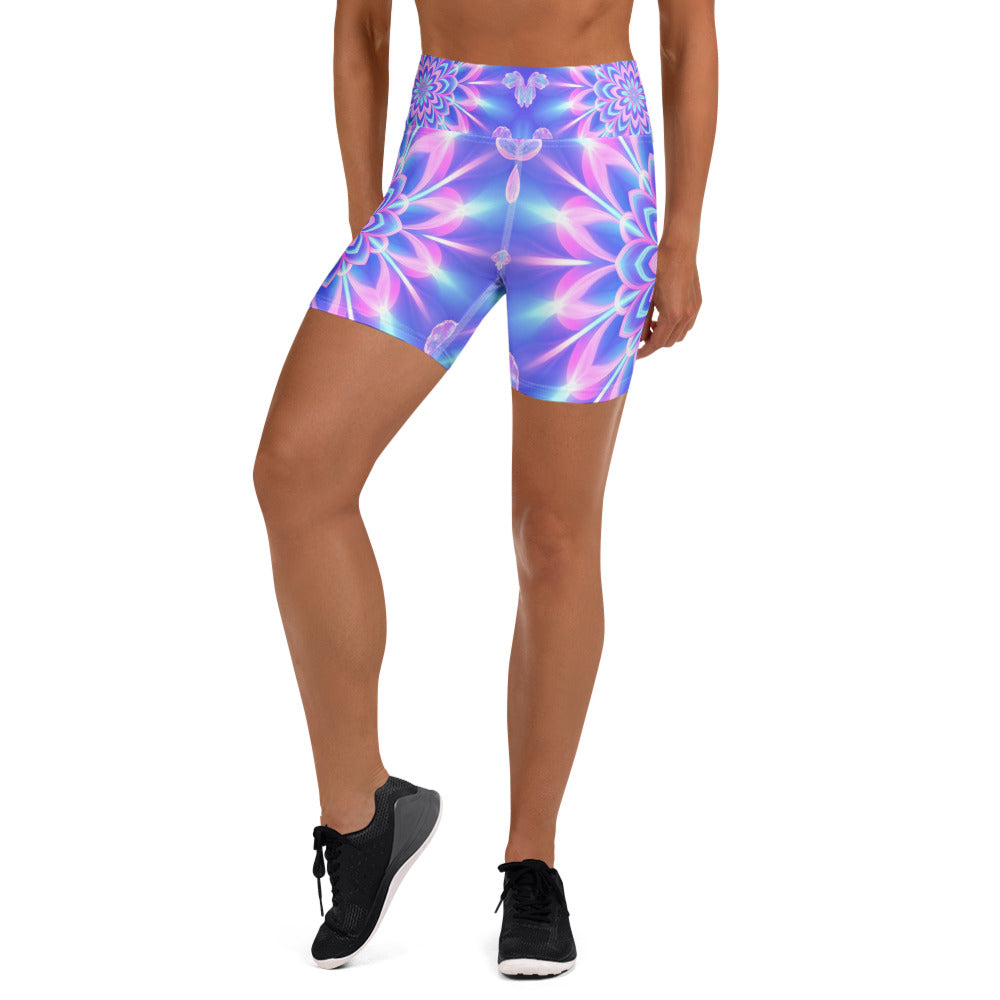 Women's psychedelic fairy ring printed yoga shorts front view