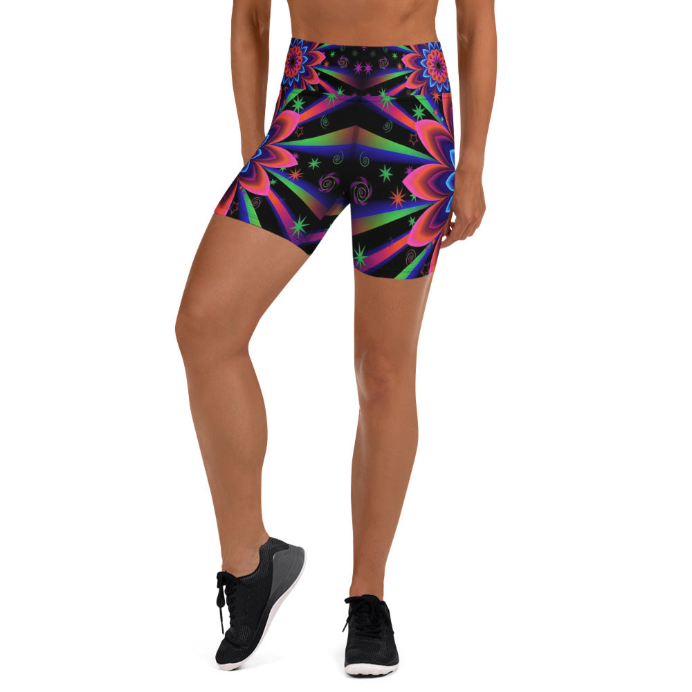 Women's psychedelic blacklight yoga shorts front view