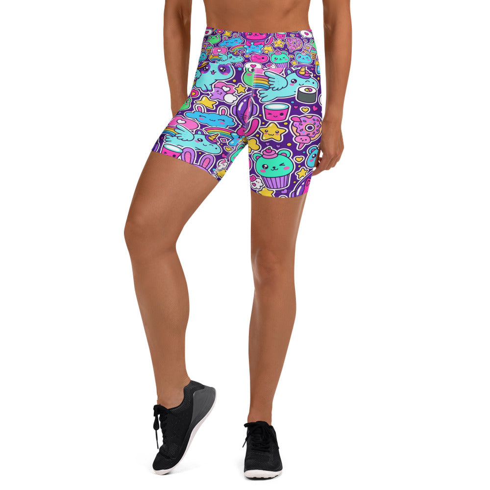 Women's kawaii space cats printed yoga shorts front view