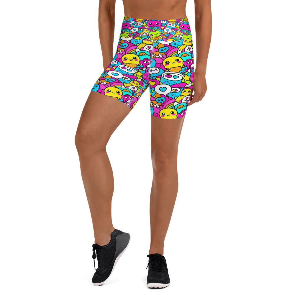 Women's kawaii candy land printed yoga shorts front view