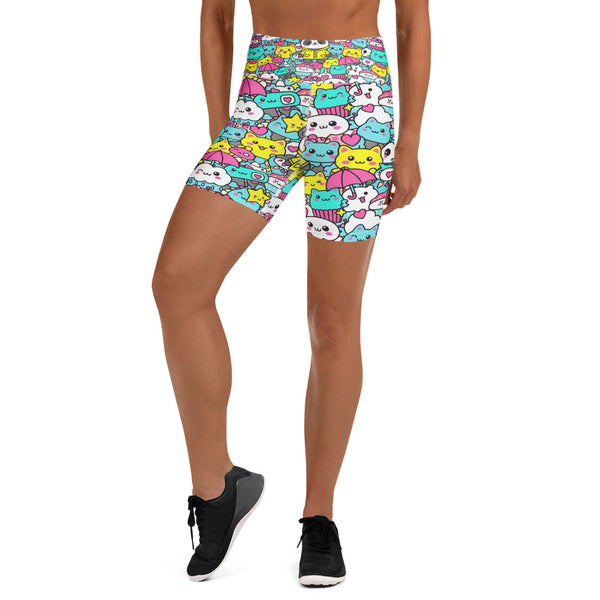 Women's kawaii rainy day printed yoga shorts front view