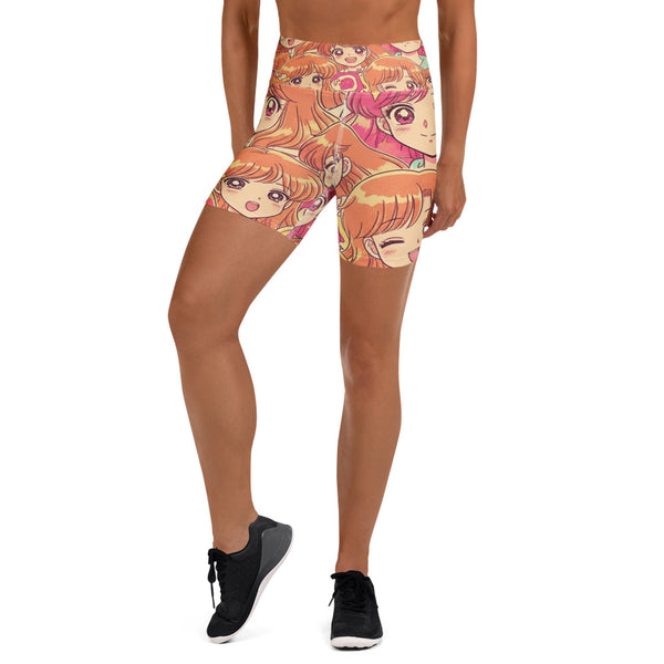 Women's anime collage retro shojo printed shorts front view