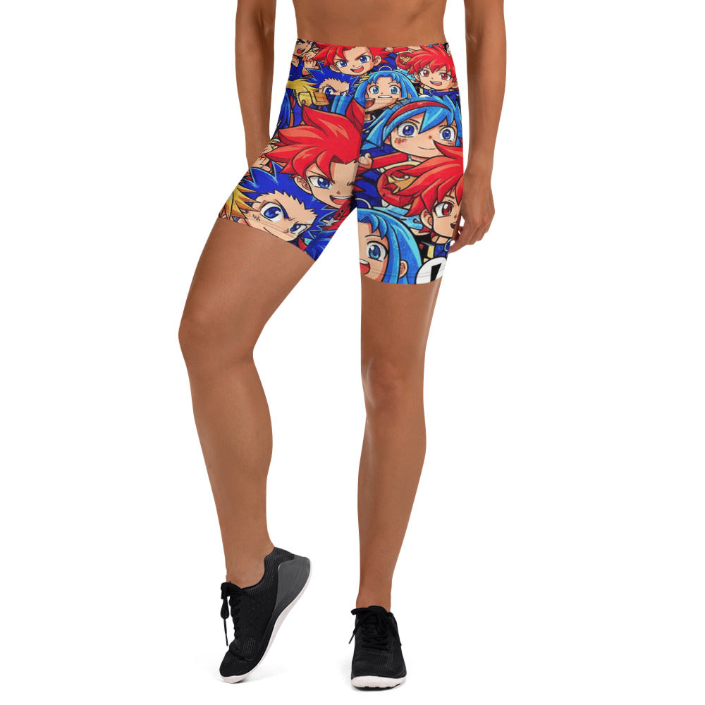 Women's anime collage street fighter printed yoga shorts front view