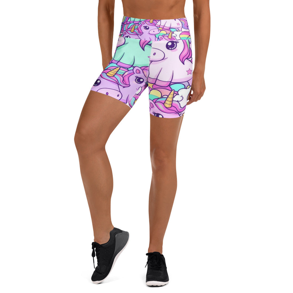 Women's vibrant unicorn rainbow printed yoga shorts front view