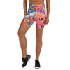 Women's vibrant ocean creatures yoga shorts front view