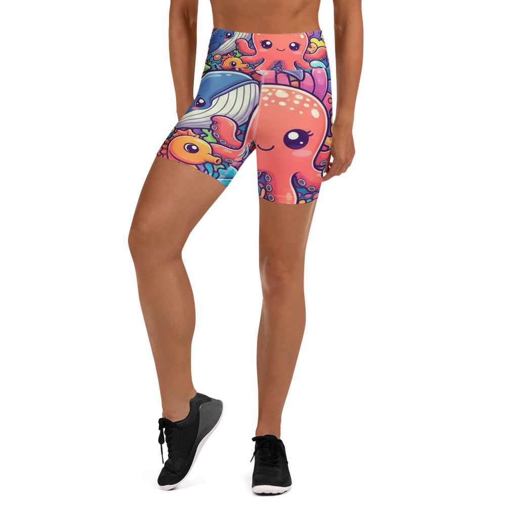 Women's vibrant ocean creatures yoga shorts front view