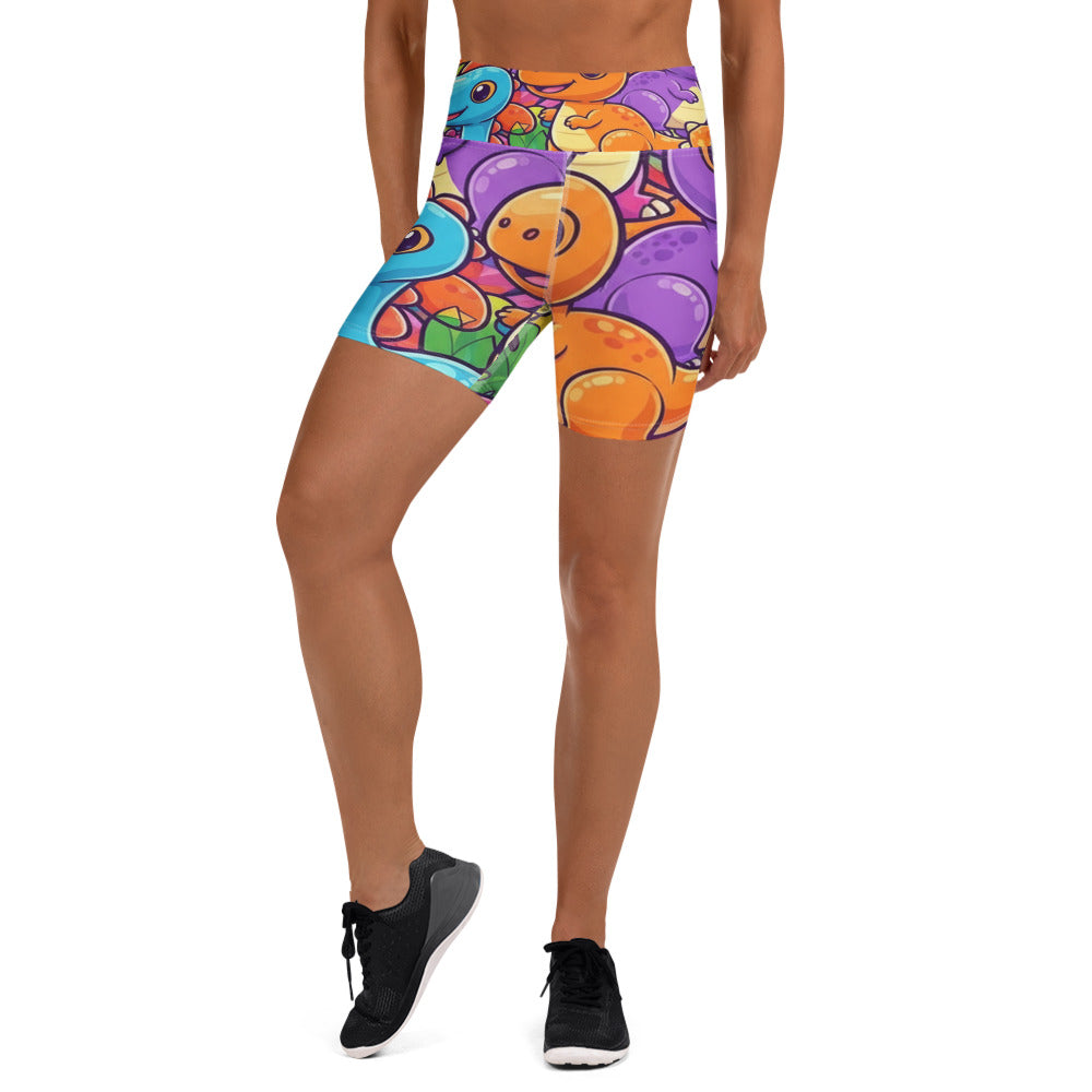 Women's vibrant dinosaur stomp printed yoga shorts front view