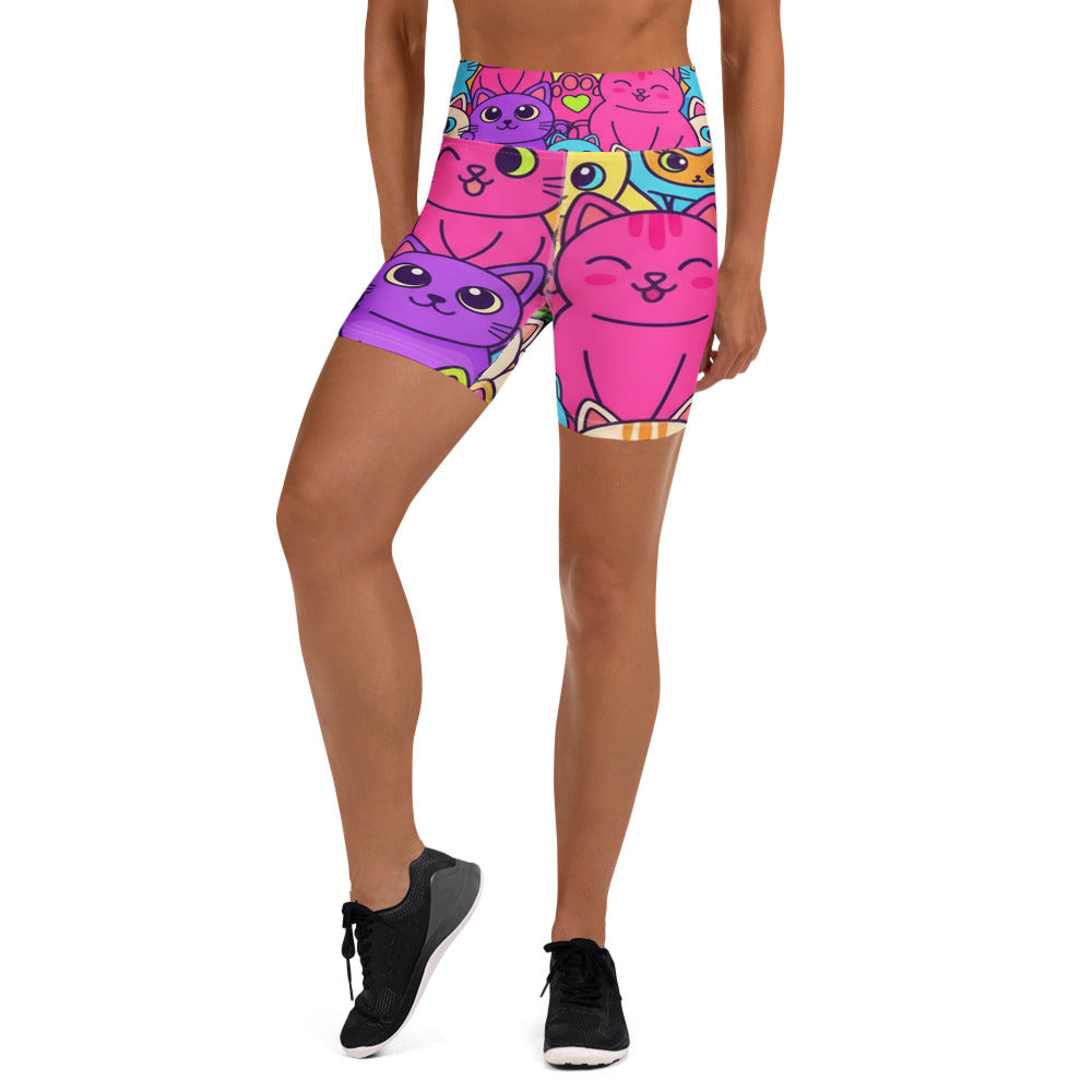Women's vibrant cats everywhere printed yoga shorts front view