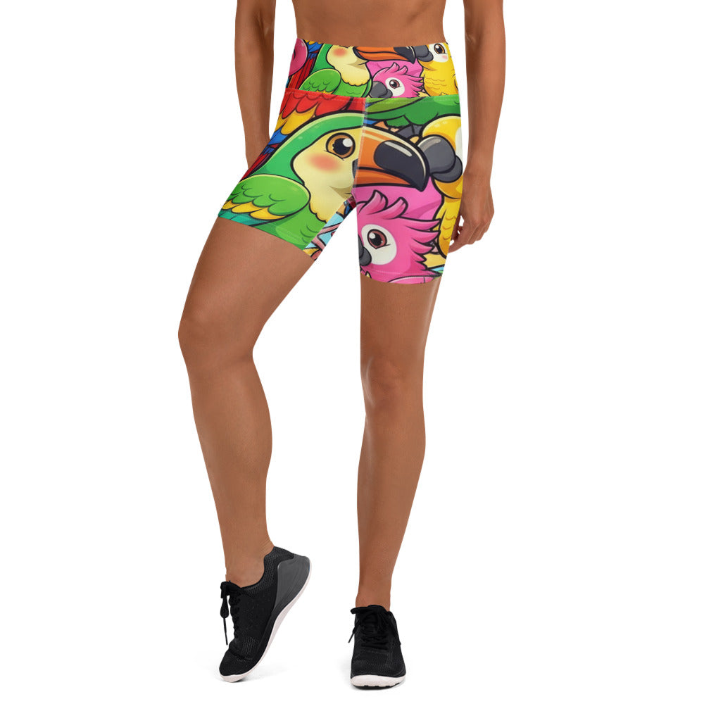 Women's vibrant tropical birds printed yoga shorts front view