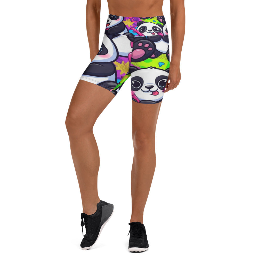 Women's panda pattern yoga shorts front view
