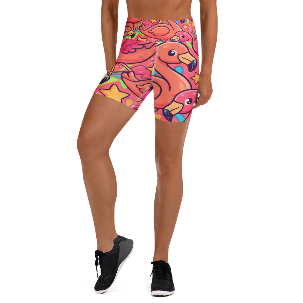 Women's flamingo print yoga shorts front view