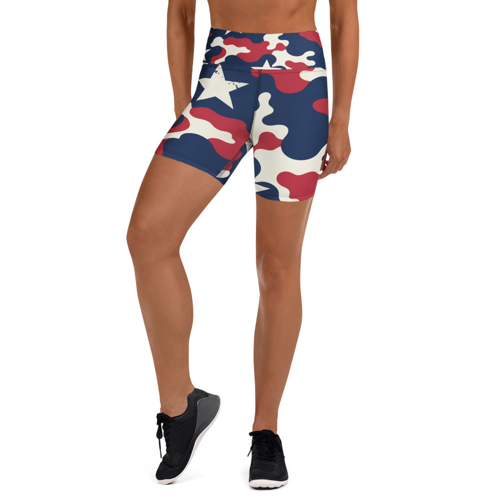 Women's red white blue camo stars yoga shorts front view