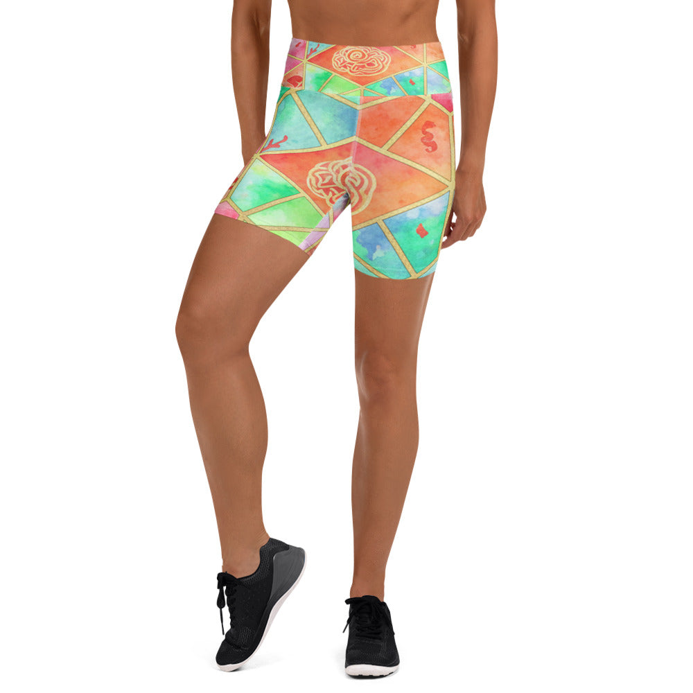 Women's arabic watercolour coral reef printed yoga shorts front view