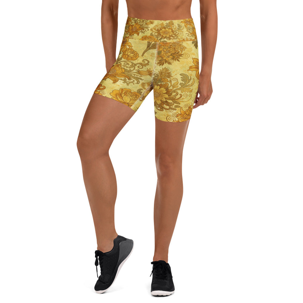 Women's Gustav Klimt garden yoga shorts front view