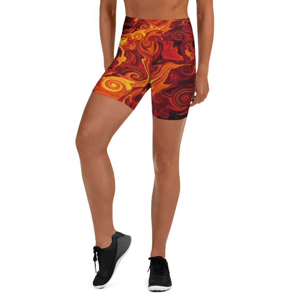 Women's liquid marble lava flow printed yoga shorts front view