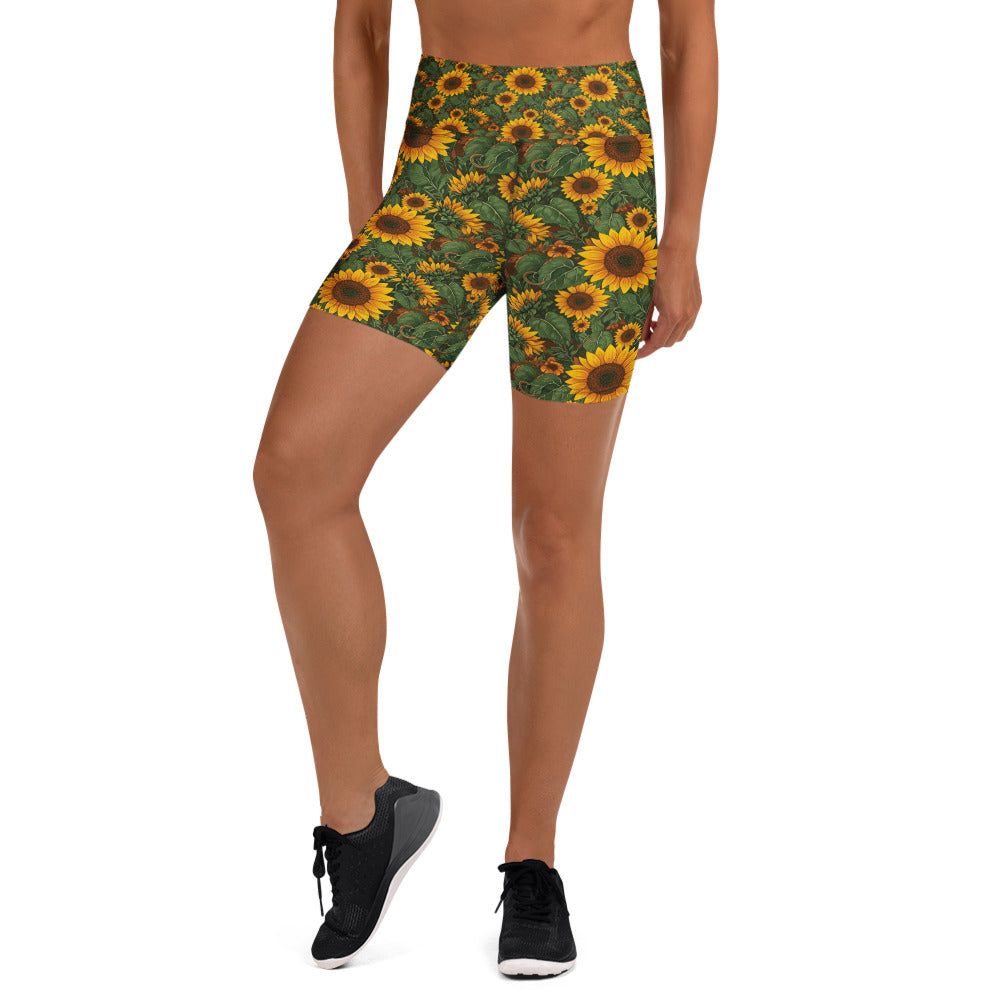 Women's sunflower cross printed yoga shorts front view