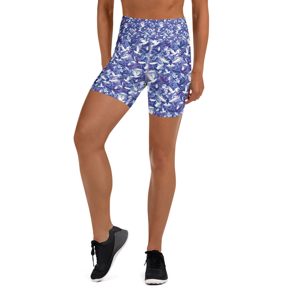 Women's dove in flight yoga shorts front view