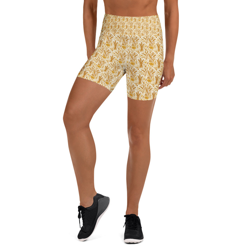 Women's wheat field harvest printed yoga shorts front view