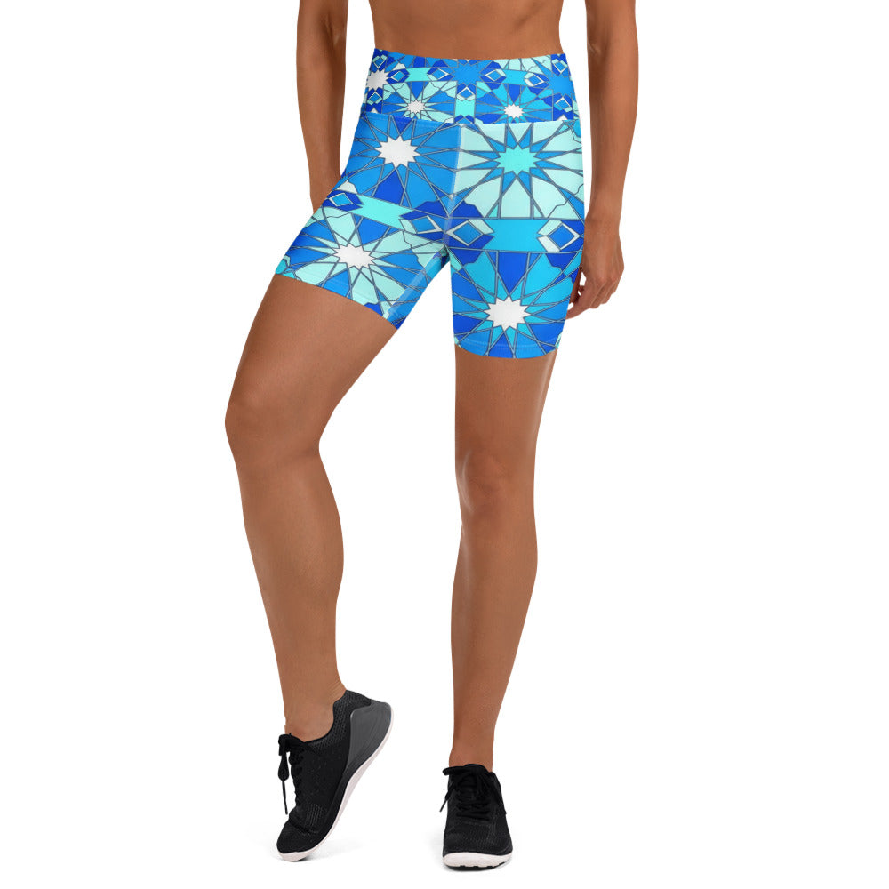 Women's white zellige arctic yoga shorts front view
