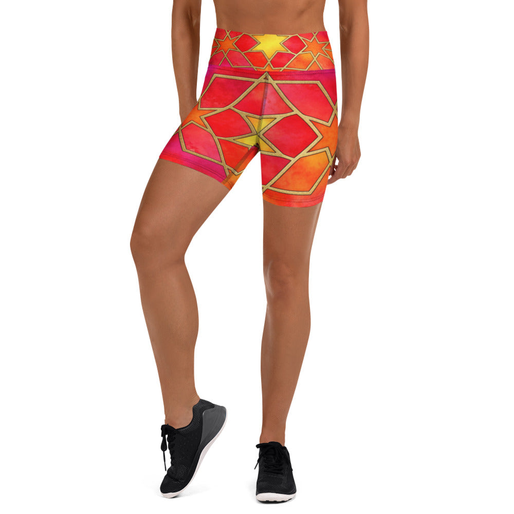 Women's fire opal arabic printed yoga shorts front view