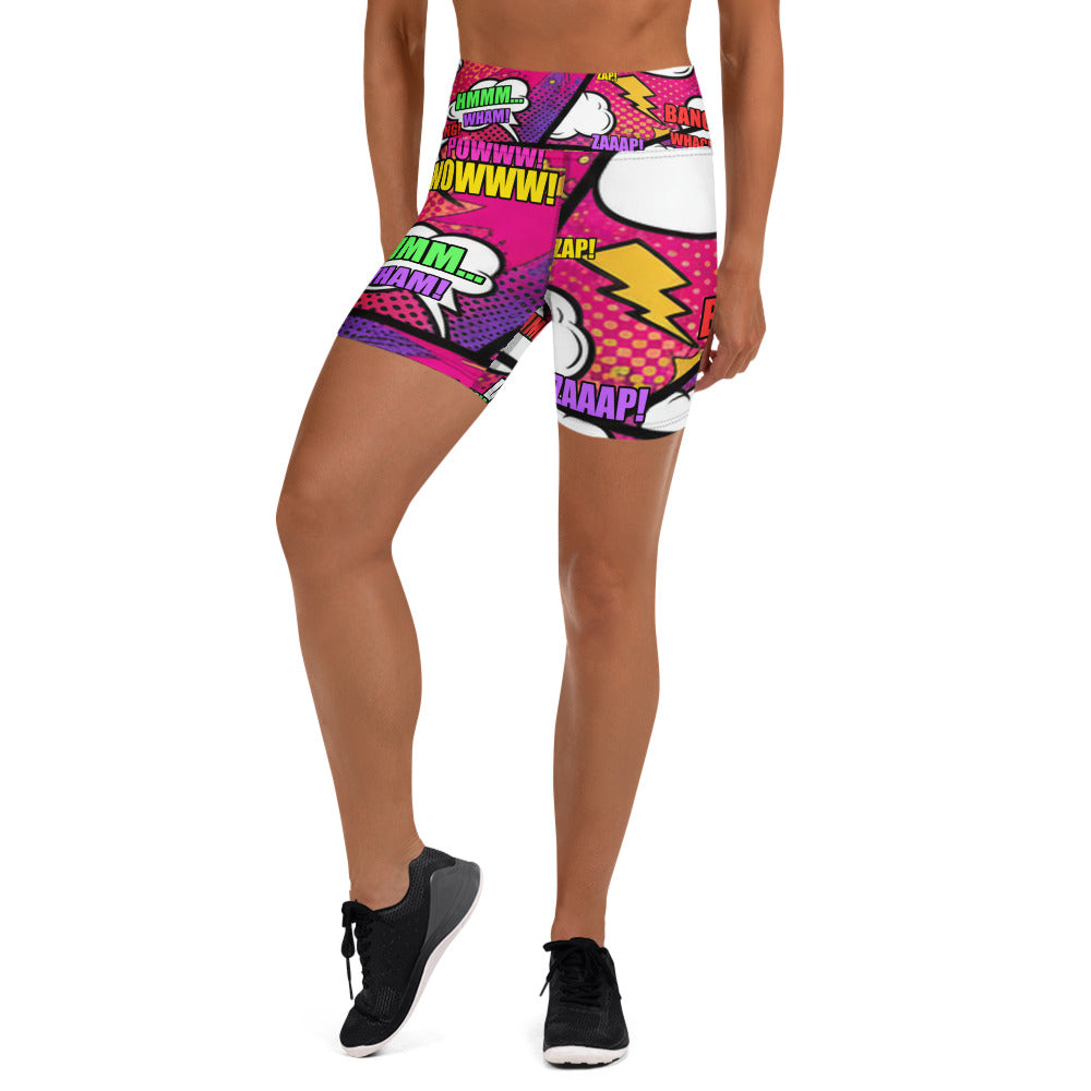 Women's comic strip girl power yoga shorts front view
