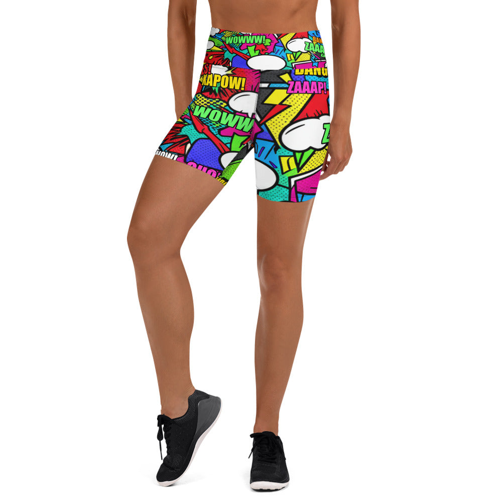 Women's comic strip zombie apocalypse yoga shorts front view