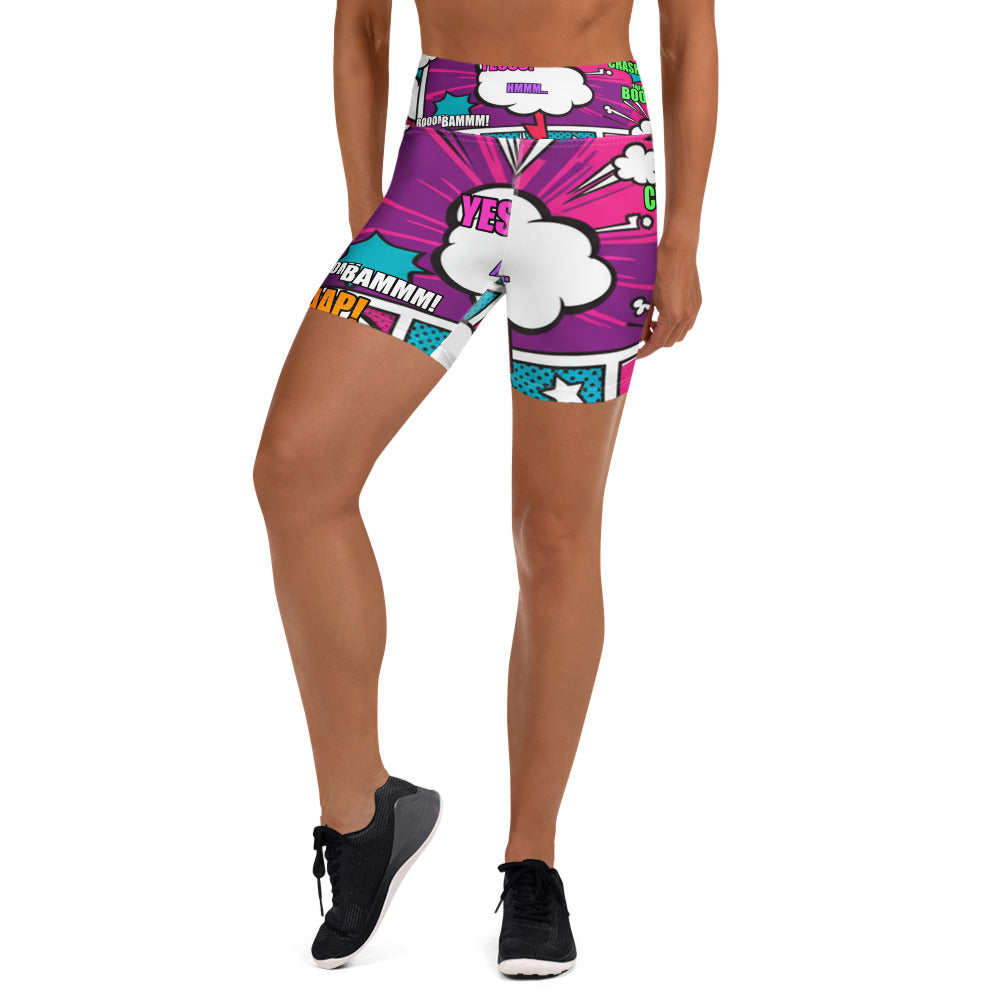 Women's comic strip roller derby yoga shorts front view