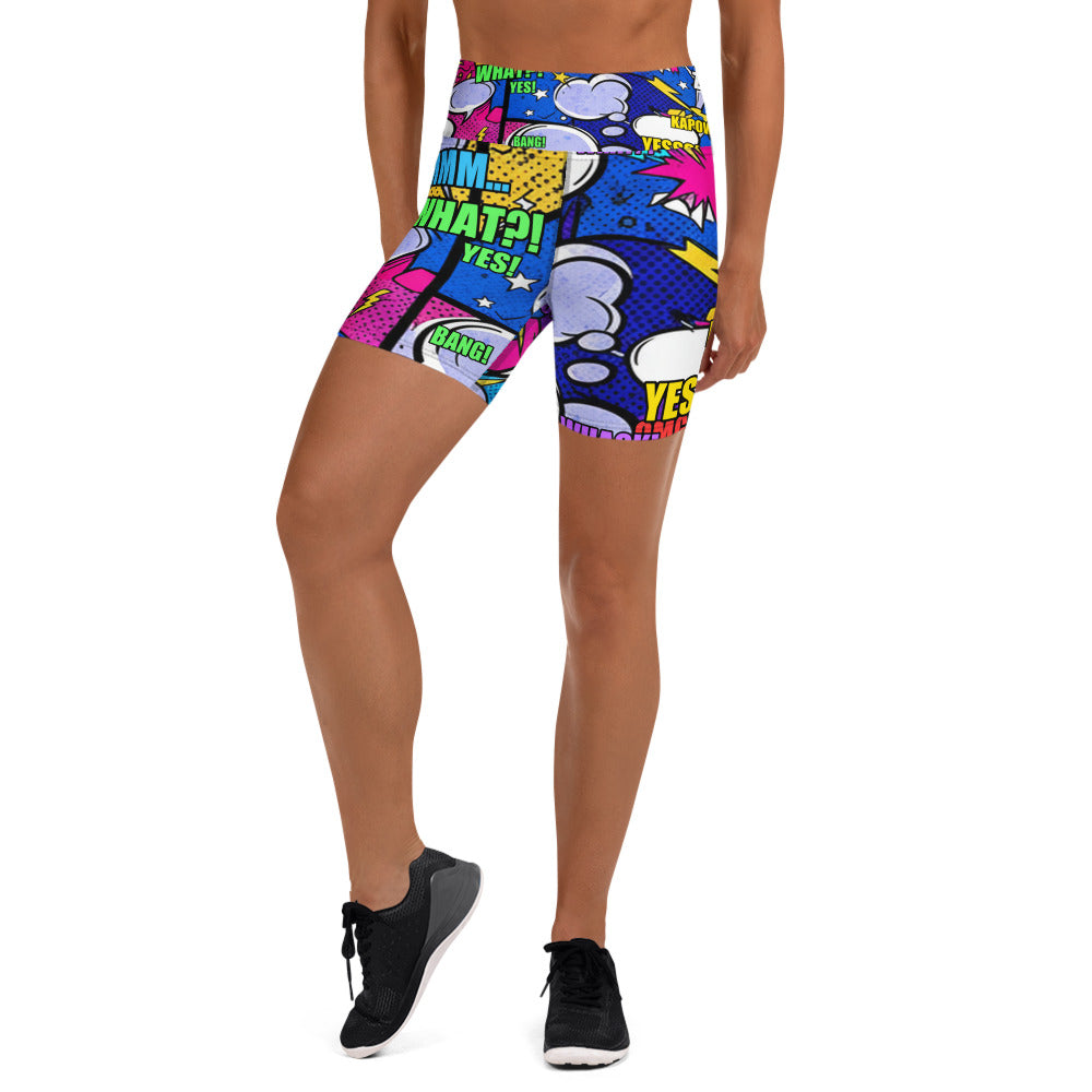 Women's comic strip cosmic boom yoga shorts front view