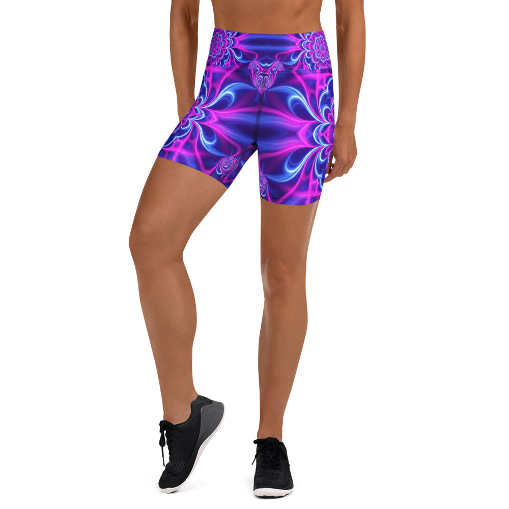 Women's ultraviolet bloom printed yoga shorts front view