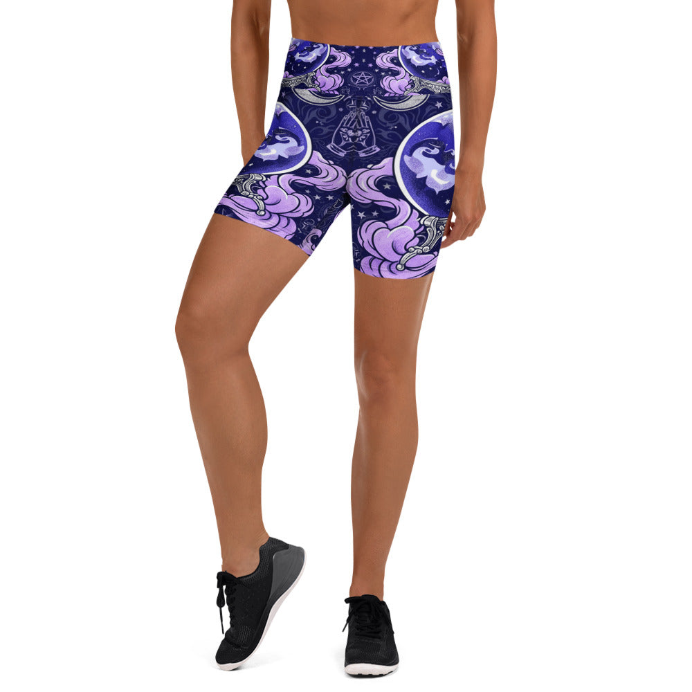 Women's crystal ball smoke magic printed yoga shorts front view
