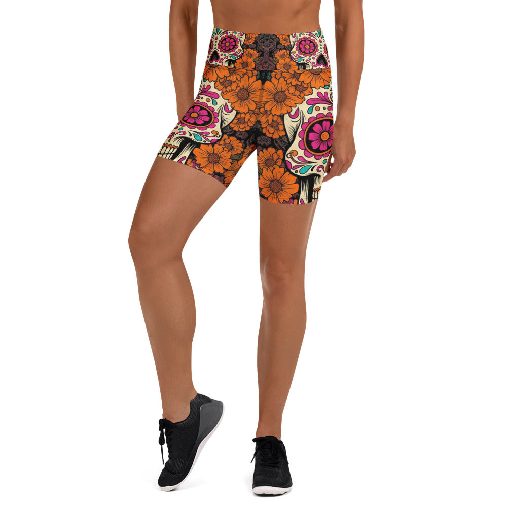 Día de los Muertos Marigold Yoga Shorts featuring a vibrant marigold, magenta and teal print by GearBunch