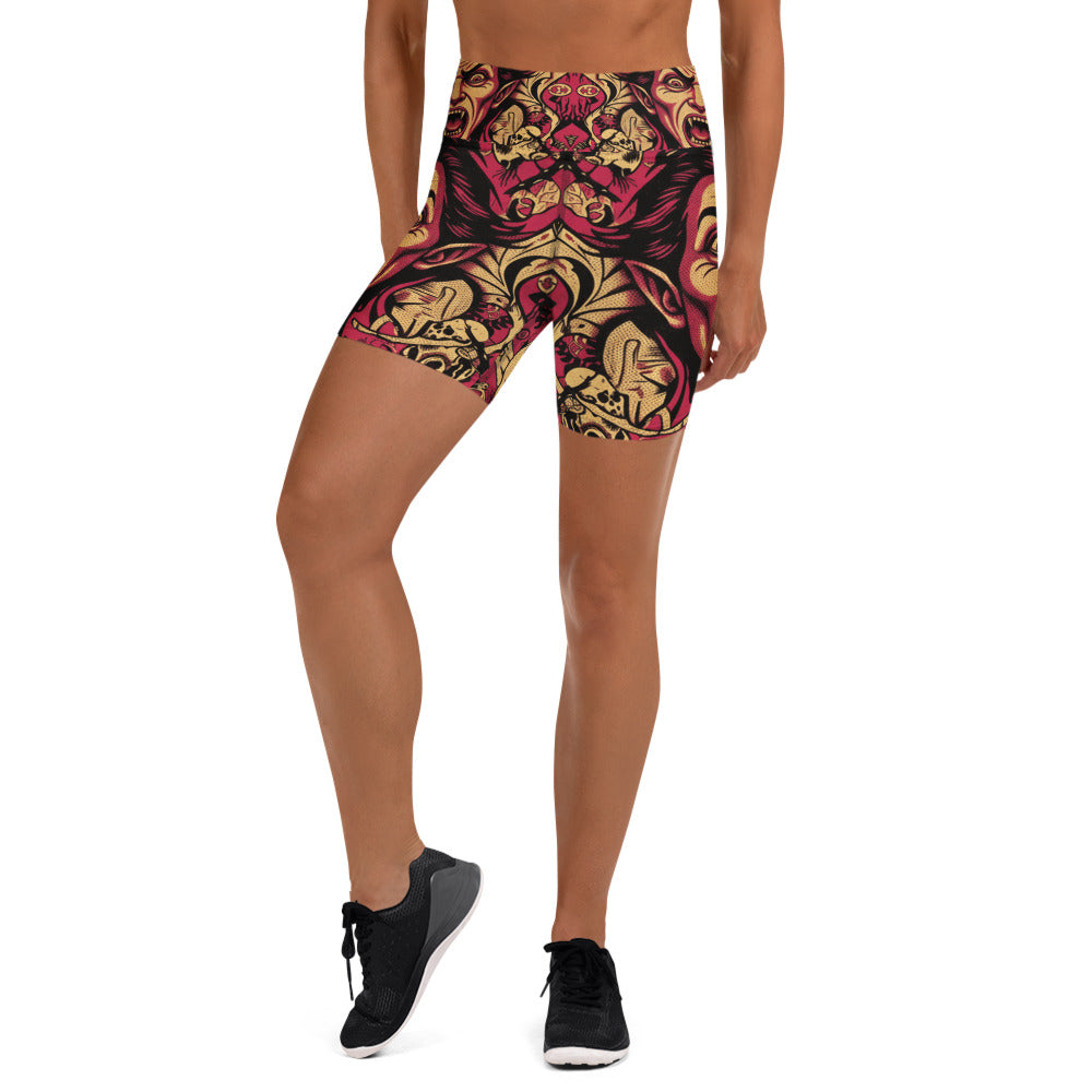 Bold Hammer Horror Poster Collage Yoga Shorts from GearBunch, featuring vintage-inspired designs on activewear.