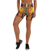 Haunted Manor Twilight Yoga Shorts featuring electric teal, orange, and purple design, GearBunch Yoga Shorts