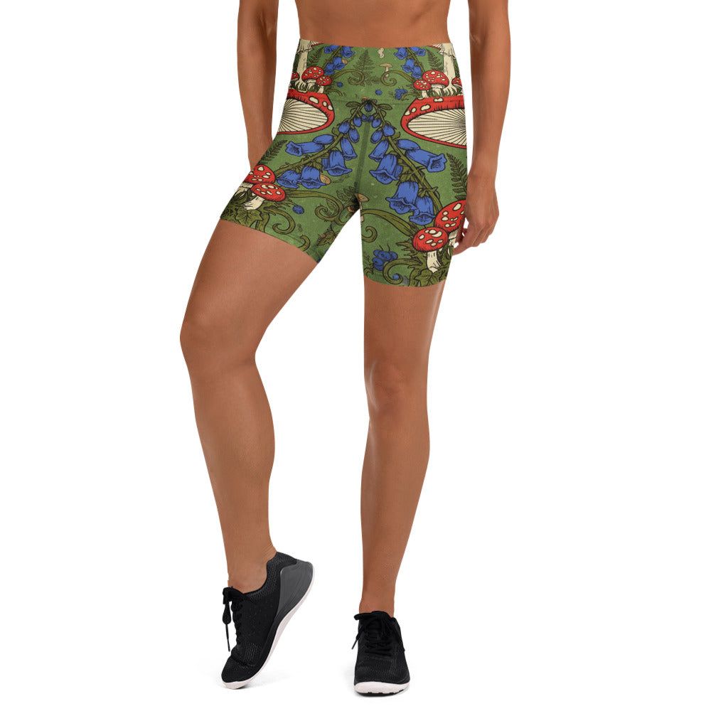 Mushroom Foraging Witch Yoga Shorts from GearBunch, featuring a vintage-inspired mushroom and witch design.