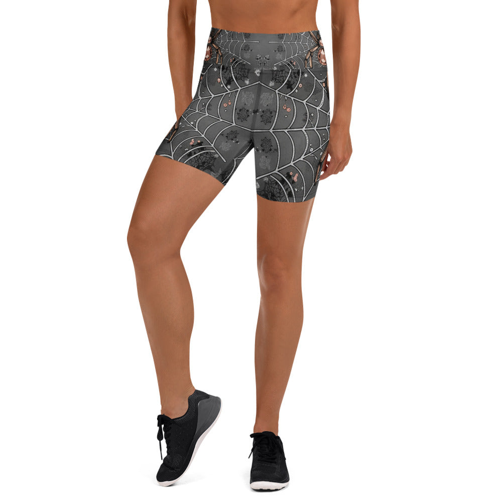 Detailed spider web lace pattern in black, grey, and rose on GearBunch Yoga Shorts. High-waisted and designed for performance.